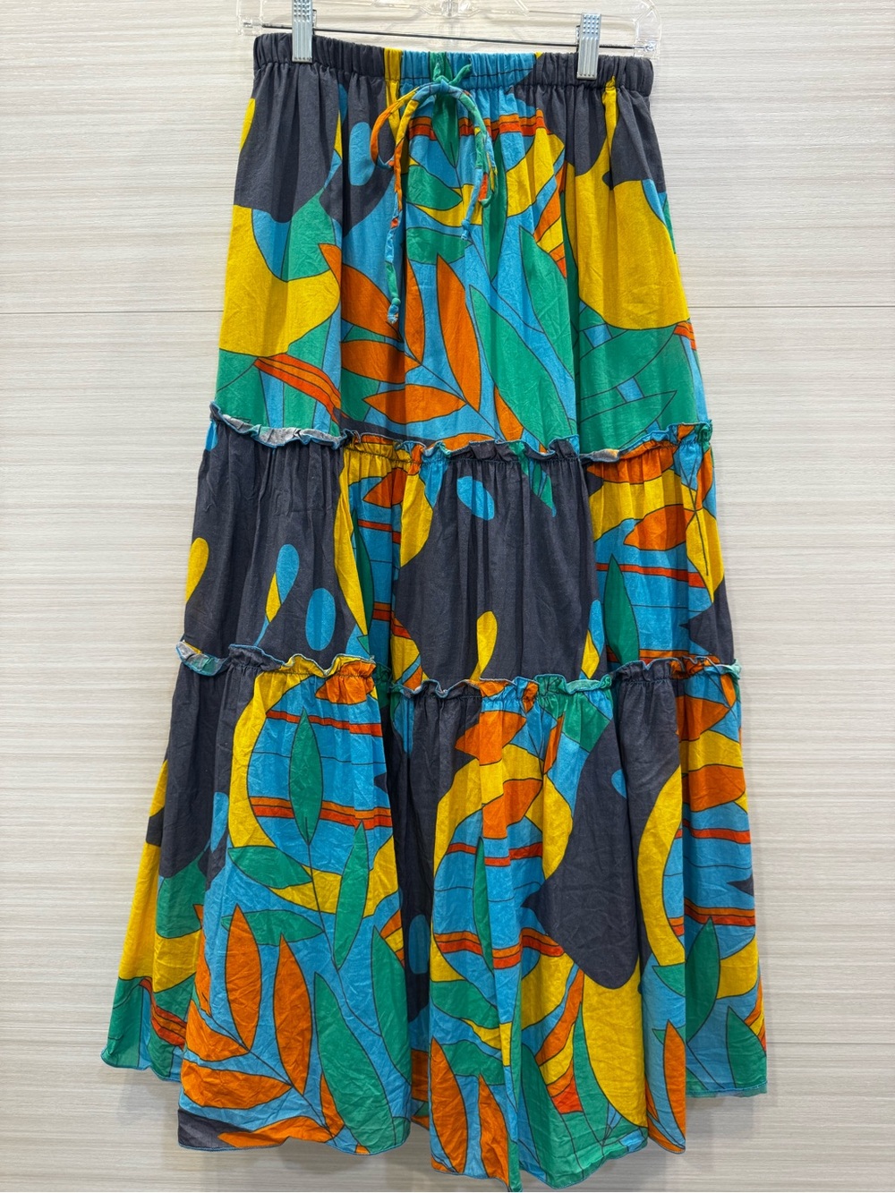 HIHO Boho Tiered Maxi Skirt 100% Cotton Multicolored Leaf Print size Medium
